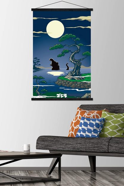 Trends International Godzilla-Lake Wall Poster with Magnetic Frame, 22.375" x 34", Premium Print and Black Hanger Bundle