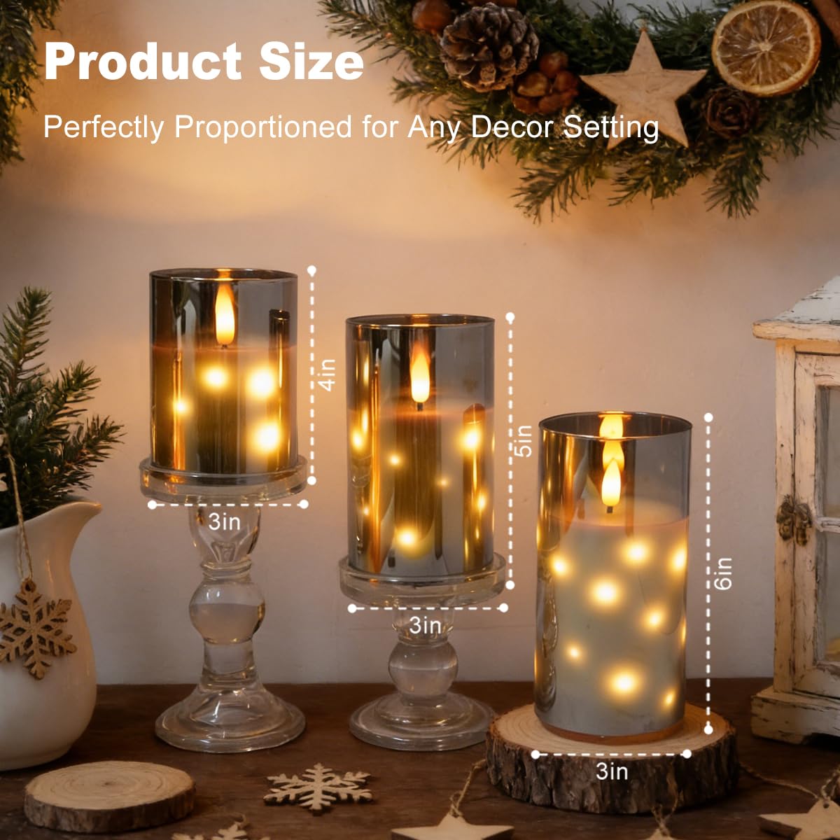 LEDHOLYT Rechargeable Glass LED Flameless Candles, Embedded Star String Flickering Flameless Candles for Romantic Ambiance and Home Decoration with Remote & Timer(Gray)