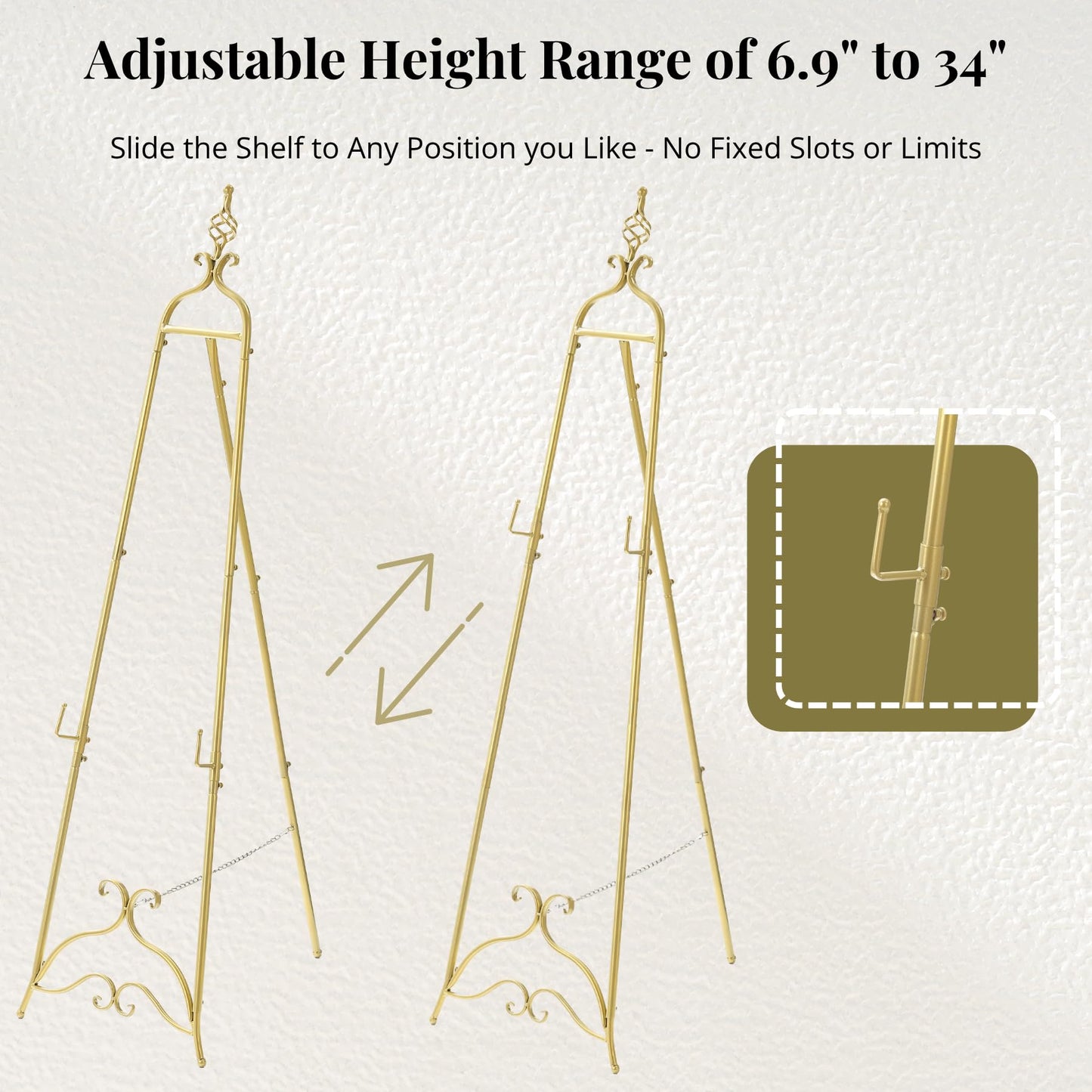 CaliDecor 58.5” H Gold Easel Stand for Sign, Large Adjustable Metal Display Standing for Displaying Pictures Wedding Poster Holder Showcasing with Chain Support