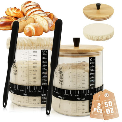 Rakovar 50oz Sourdough Starter Jar, Wide Mouth Sourdough Jar, Large Capacity Sourdough Starter Kit with Lid, Band, Date Tracker, Temp, Sourdough Bread Starter Kit for Perfect Sour Dough(2 Pack)
