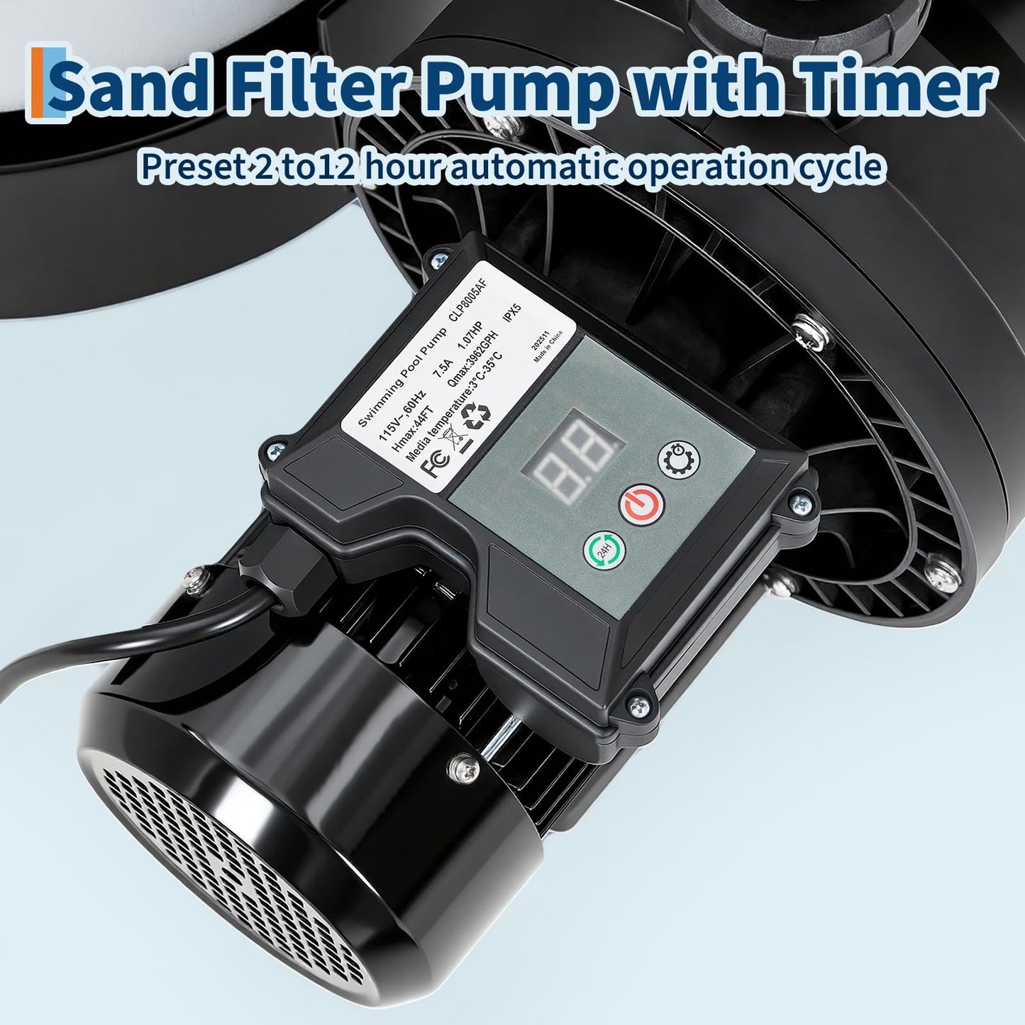 19" Sand Filter Pump for Above Ground Pool with Timer, 1.5HP Swimming Pool Pump & Sand Filter System with 7-Way Valve & Strainer Basket, Pool Pumps Above Ground, Leak-Resistant, 6075GPH, Grey
