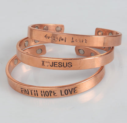 Touchstone copper bracelets | gift for men women |adjustable 100% pure solid real magnetic jewelry | handmade bracelet set combo | rope braided tibetan bangles. Set of 3 different messages engraved.