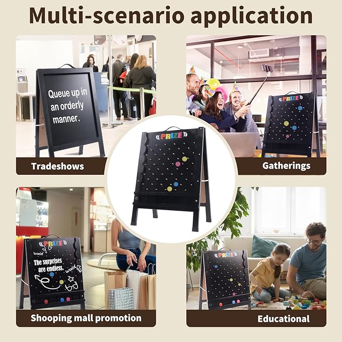 Prize Drop Game Board 21x30 Double-Sided Foldable Design with Wooden A-Frame Chalkboard Sign for Family Carnival Trade Show &amp Party - Includes 10 Coin Drop Discs and Chalk Set Portable Desig