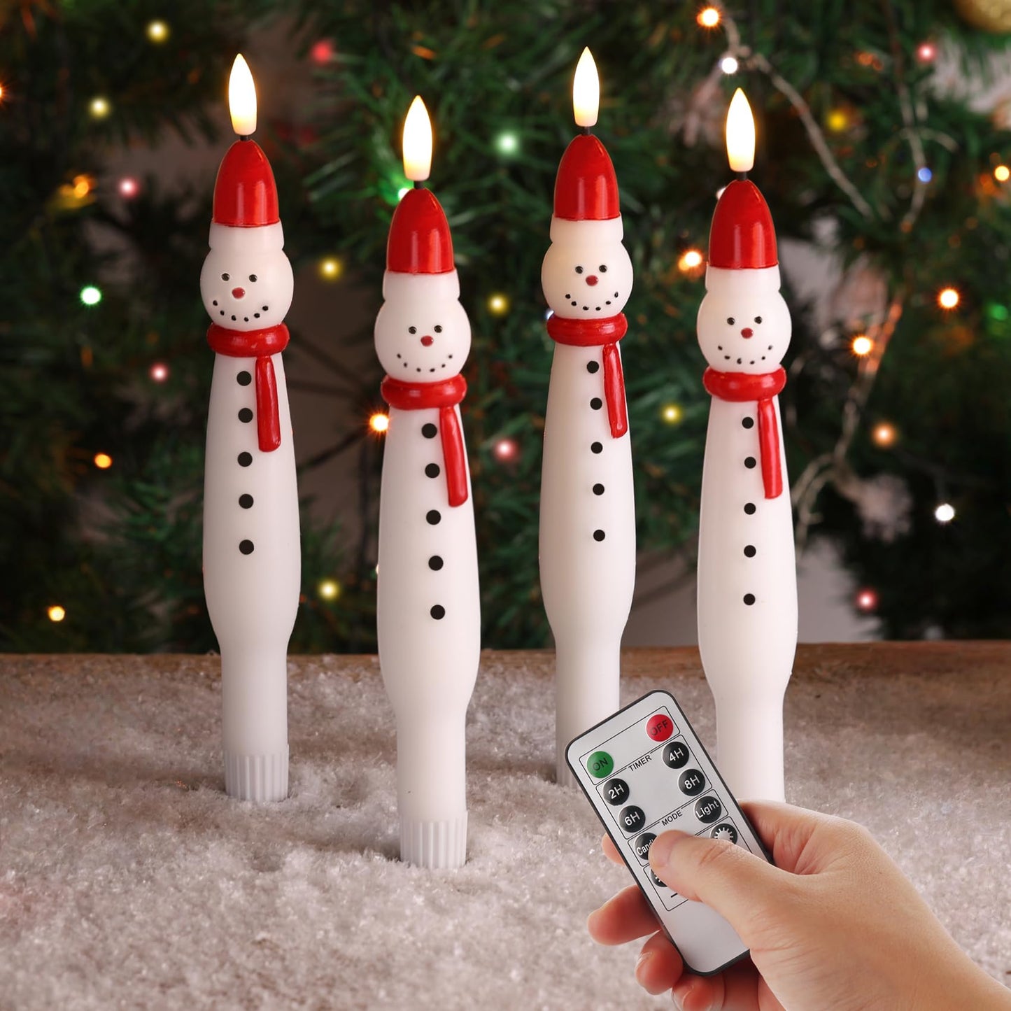 Eywamage Snowman Christmas Flameless Taper Candles with Remote, Flickering Battery LED Wax Candlesticks Set of 4