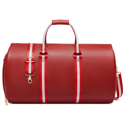 Leather Garment Bags for Travel, Convertible Carry on Garment Duffel Bag for Women, 2 in 1 Waterproof Foldable Travel Suit Bag with Shoulder Strap Weekender Bag with Shoe Pouch, Red