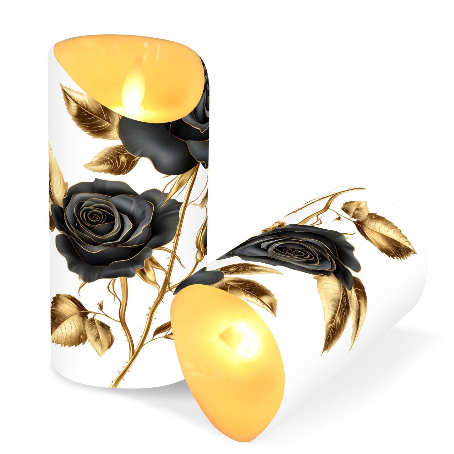 ALAZA Black Roses Gold Leaves Flickering Flameless Candles Battery Operated with Remote Timer,Tea Light Candles LED Pillar Votive Set of 2 for Outdoor Indoor Decorations 3" x5.9"