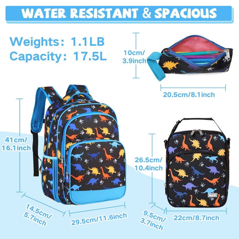 VASCHY Kids School Backpack Lunch Box Bag Pencil Case Combo, Children BookBag Schoolbag Set for Preschool/Kindergarten/Elementry School Supplies Boys Girls Black Dinosaurs
