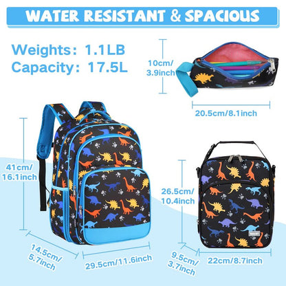 VASCHY Kids School Backpack Lunch Box Bag Pencil Case Combo, Children BookBag Schoolbag Set for Preschool/Kindergarten/Elementry School Supplies Boys Girls Black Dinosaurs