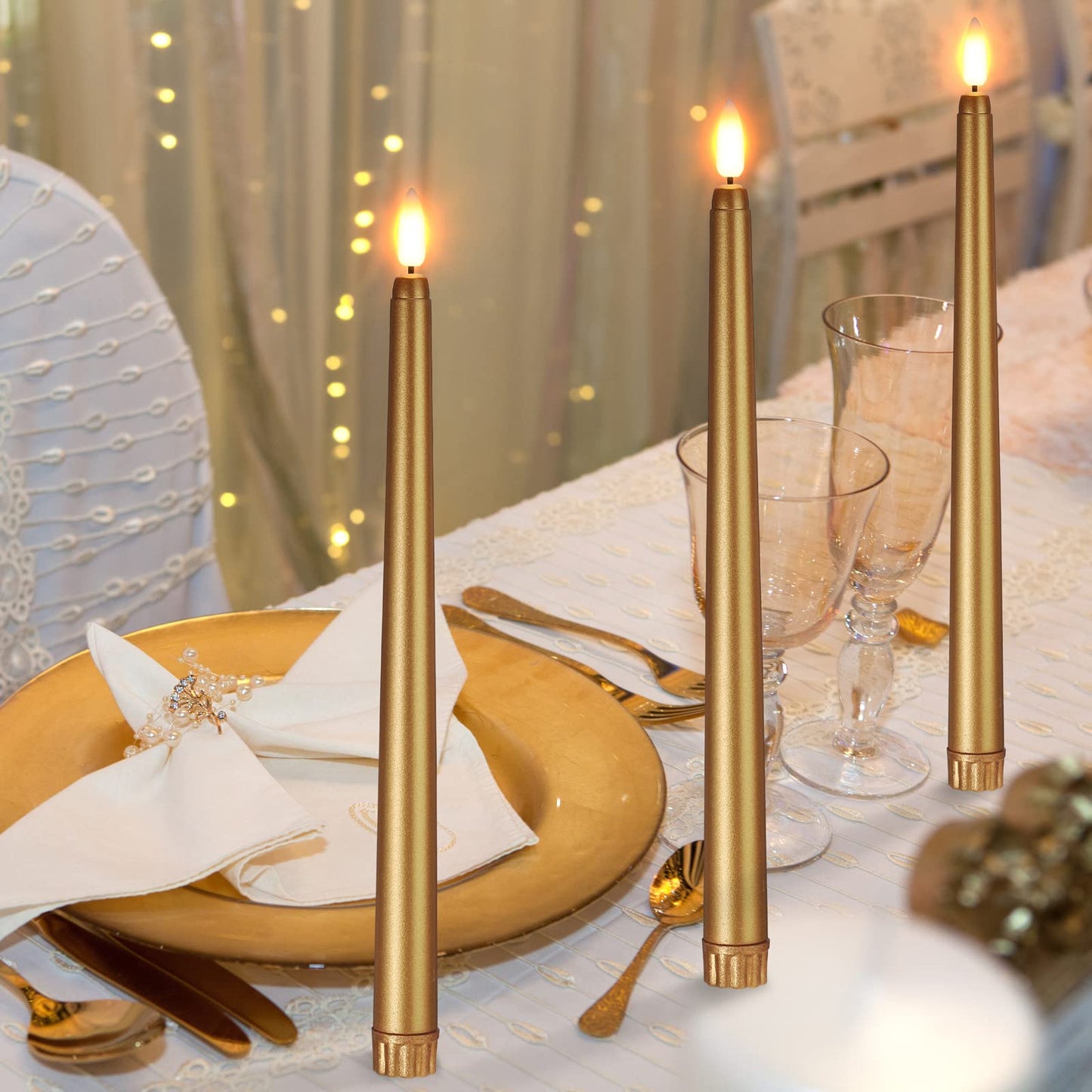 Macarrie 24 Packs Flameless Taper Candles Battery Operated Fake 11 Inch Long Candlelight LED Flameless Candlesticks Flickering Tapered for Spring Summer Wedding(Gold)