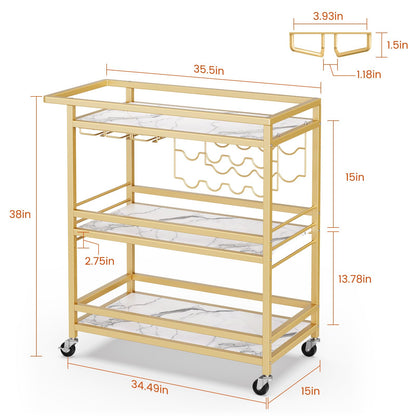Leteuke Bar Cart for Home, 3 Tier Gold Serving Rolling Carts with Wheels, Drink Cart, Liquor Stand with Marbled Wooden Shelves, Wine Rack and Glass Holder for Kitchen, Dining Room