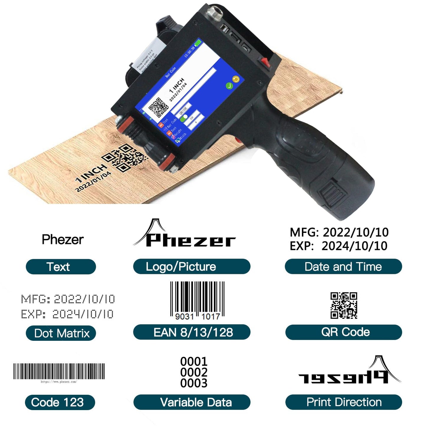 Phezer P16 Handheld Inkjet Printer, 4.3" Screen and Solvent Ink Cartridge, Portable Intelligent Coding Machine for Expiry Date/Time/Barcode/QR Code/Logo