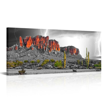 RnnJoile Cactus Landscape Wall Art Superstition Mountains Canvas Pictures Prints Desert Lightning Arizona Western Painting for Living Room Bedroom Home Decor Framed 20"x48"