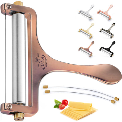 Zulay Adjustable Cheese Slicer - Wire Slicer For Mozzarella, Cheddar, Gouda - Heavy Duty With 2 Extra Wires (Copper)