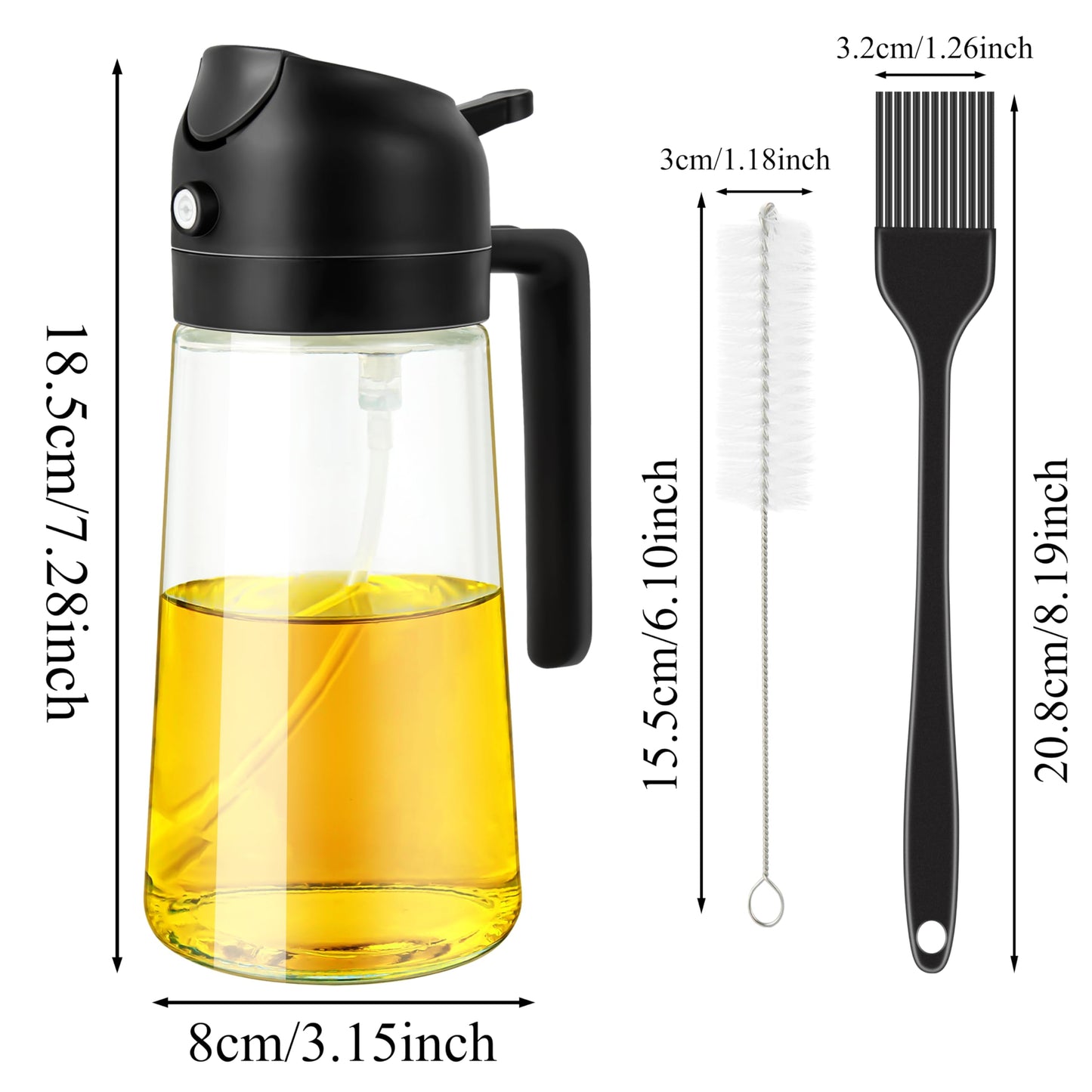 Ponpon Oil Sprayer for Cooking, 16oz Olive Oil Spray Bottle, Oil Dispenser for Kitchen for Barbecue, Salad, Cooking, Baking (Black)