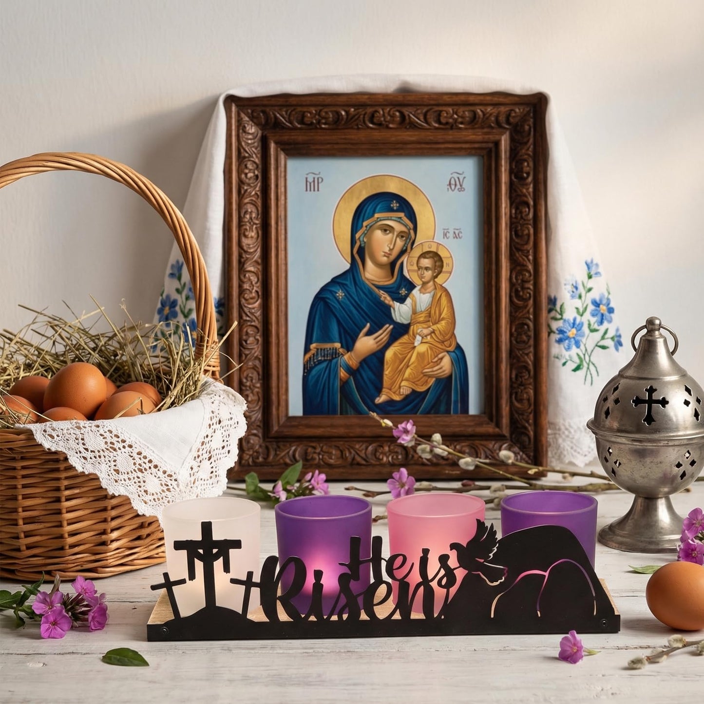 SYFURNIX He is Risen Easter Decor, 4 Glass Votive Tealight Candle Holders & 1 Wooden Tray, Easter Religious Decor for Church Event Pray Table Centerpiece, Christian Gift