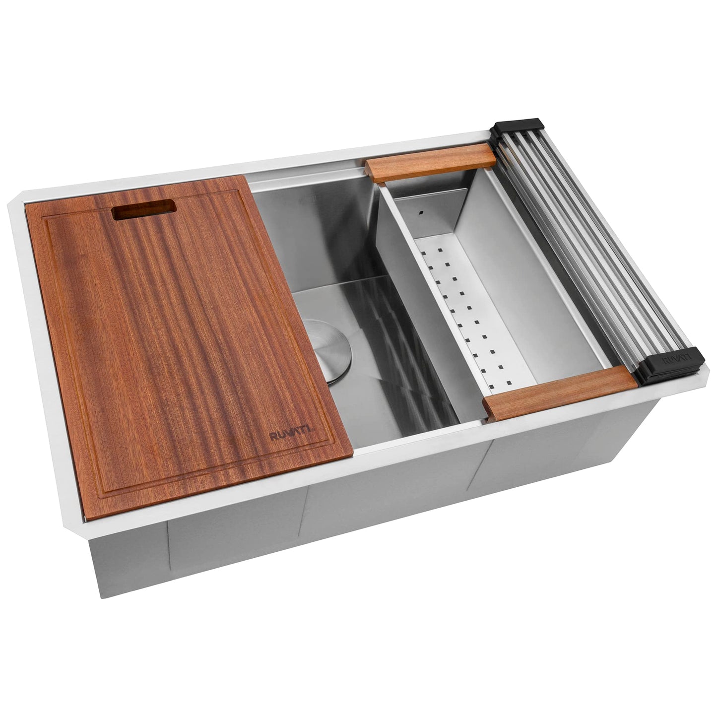 Ruvati 32-inch Undermount 16 Gauge Stainless Steel Workstation Kitchen Sink Single Bowl – Soundproof Multifunction Chef Sink with Cutting Board & Accessories, Brushed Finish Hides Scratches – RVH8300