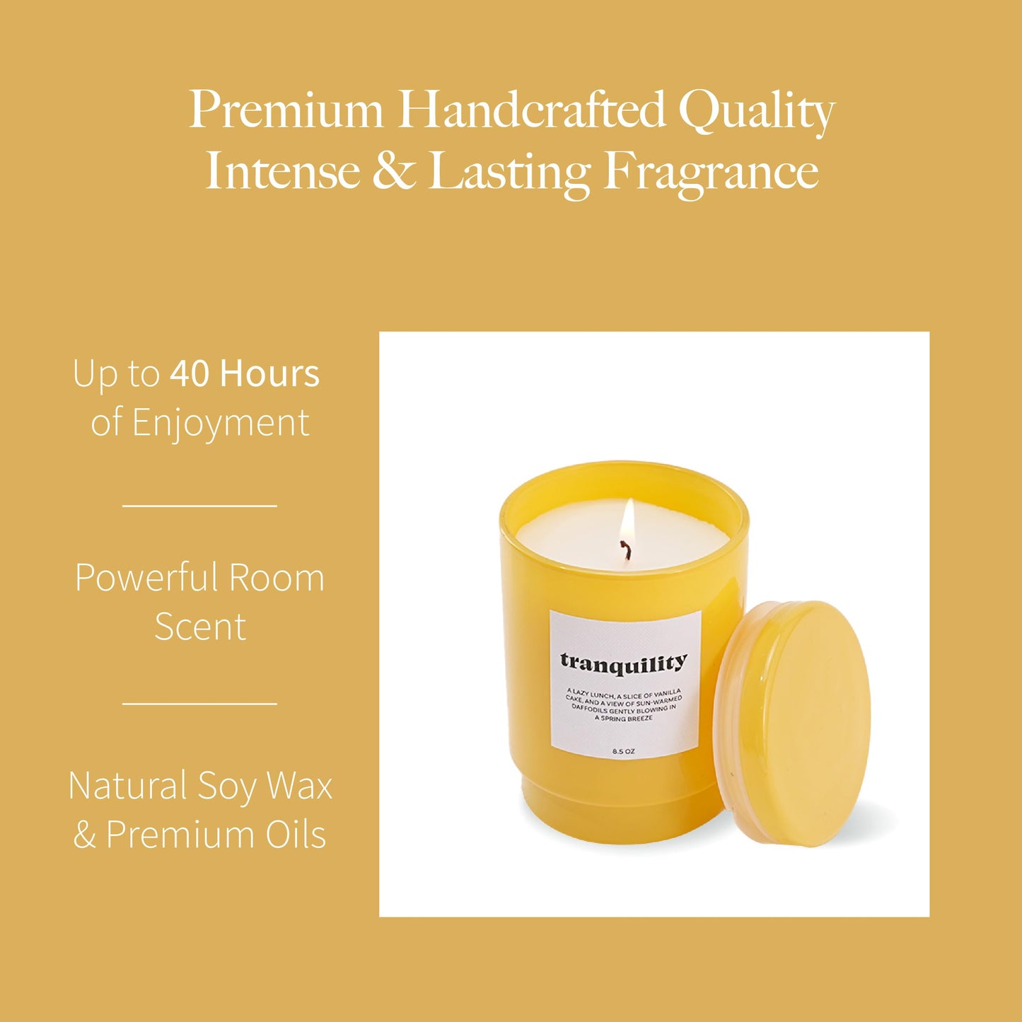 AromaLight 8.5oz with Lid Glass Jar Candle in Yellow – Tonka Bean & Amber Scent, Tranquility Collection, Soy Wax Mini Jar