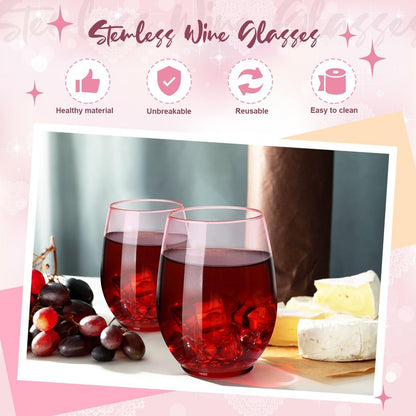 Layhit 32 Pcs Pink Stemless Wine Glasses Plastic Reusable Unbreakable Whiskey Champagne Drinking Glasses Cups for Wedding Anniversary Mother's Day Birthday Party(14 Oz)
