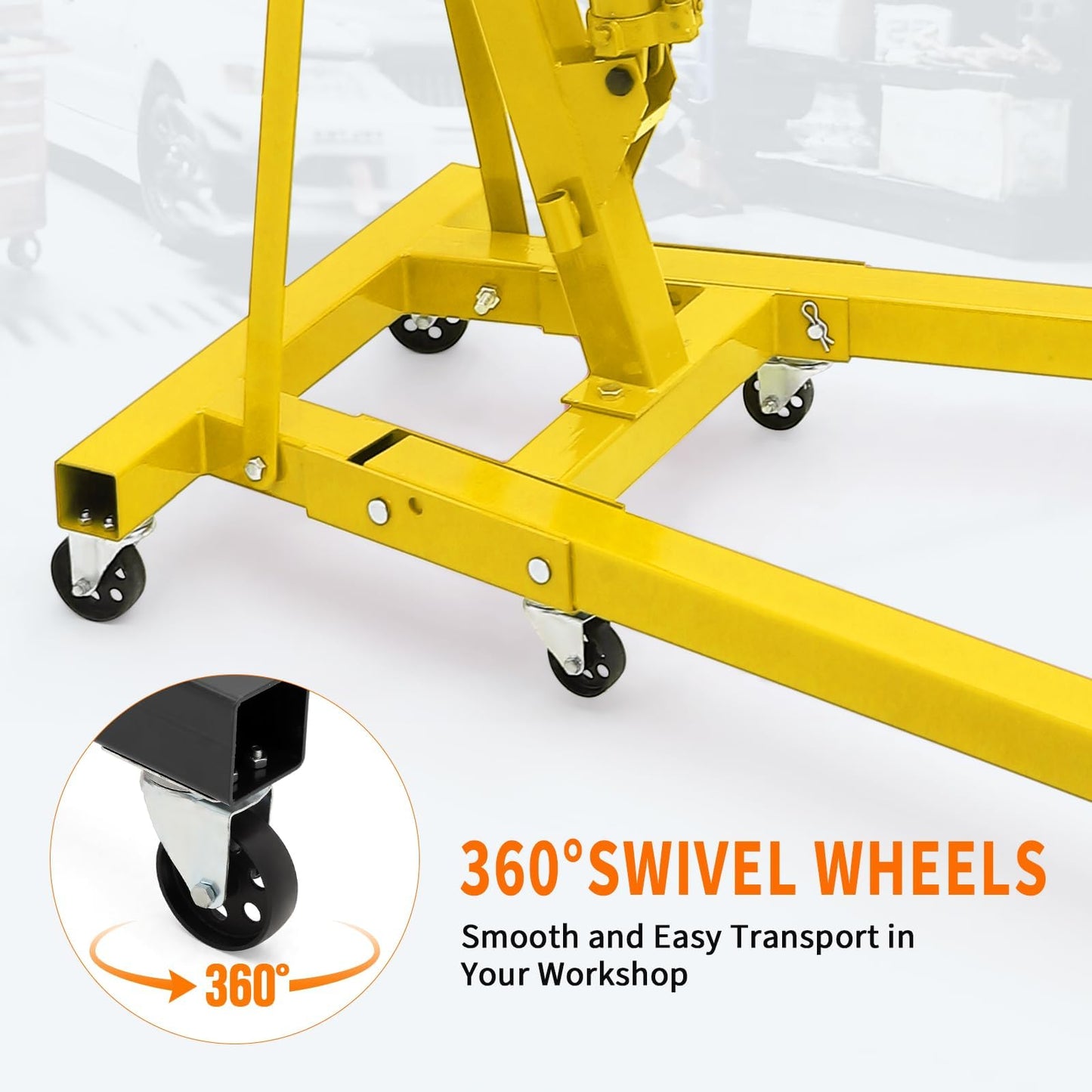 EliteEdge 2-Ton Folding Engine Hoist Cherry Picker 4400 Lb Capacity Hydraulic Shop Crane with Telescoping Boom 6 Caster Wheels for Automotive Repair Garage Use Includes Hitch and Storage Stand Yellow