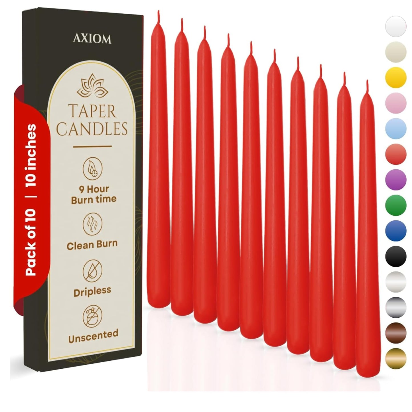 Axiom Candles - Red Taper Candles - 10 Inch Dripless Smokeless Tall Candle Sticks - 9 Hour Burn Time - Tapered Candles for Home, Dinners, Weddings, Parties (Pack of 10)