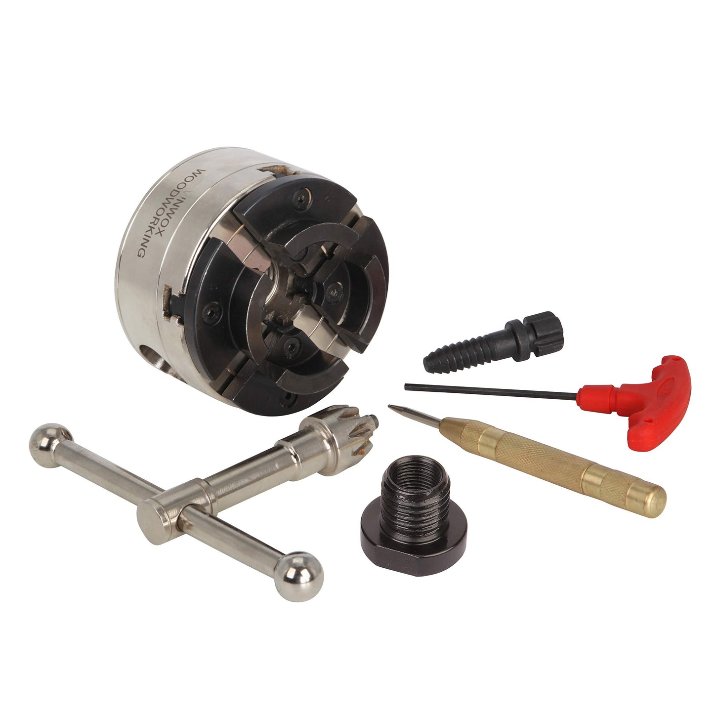 VINWOX 3-3/4INCH 4-Jaw Self-Centering Wood Lathe Chuck, 2" Round Jaw Mounted, 1"x8TPI thread & 3/4"x16TPI Adapter, Tightening Key, T Allen Wrench, Screw Chuck, SCK4-3.75, Nickle electric Coating Body