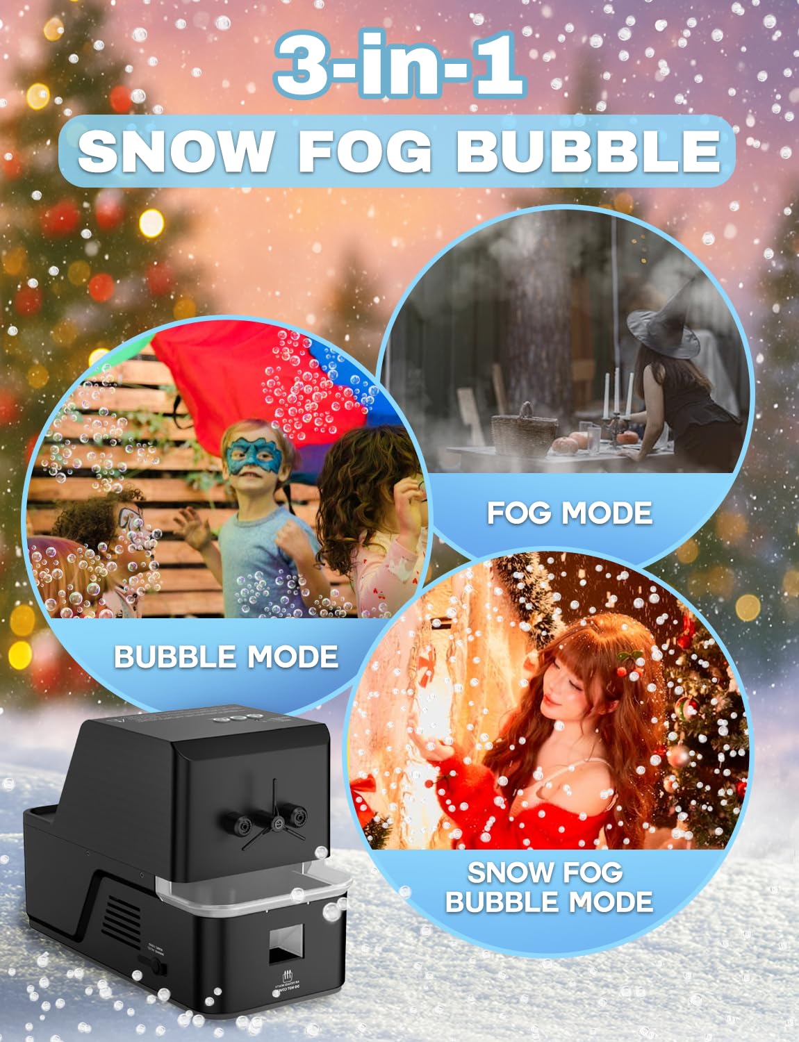 Vellrive Fog Bubble Machine – 3-in-1 Bubble & Fog Machine that Creates Snow-Like Effect for Indoor and Outdoor Use - Perfect Fake Snow Maker for Christmas, Parties, Weddings, and Holiday Events