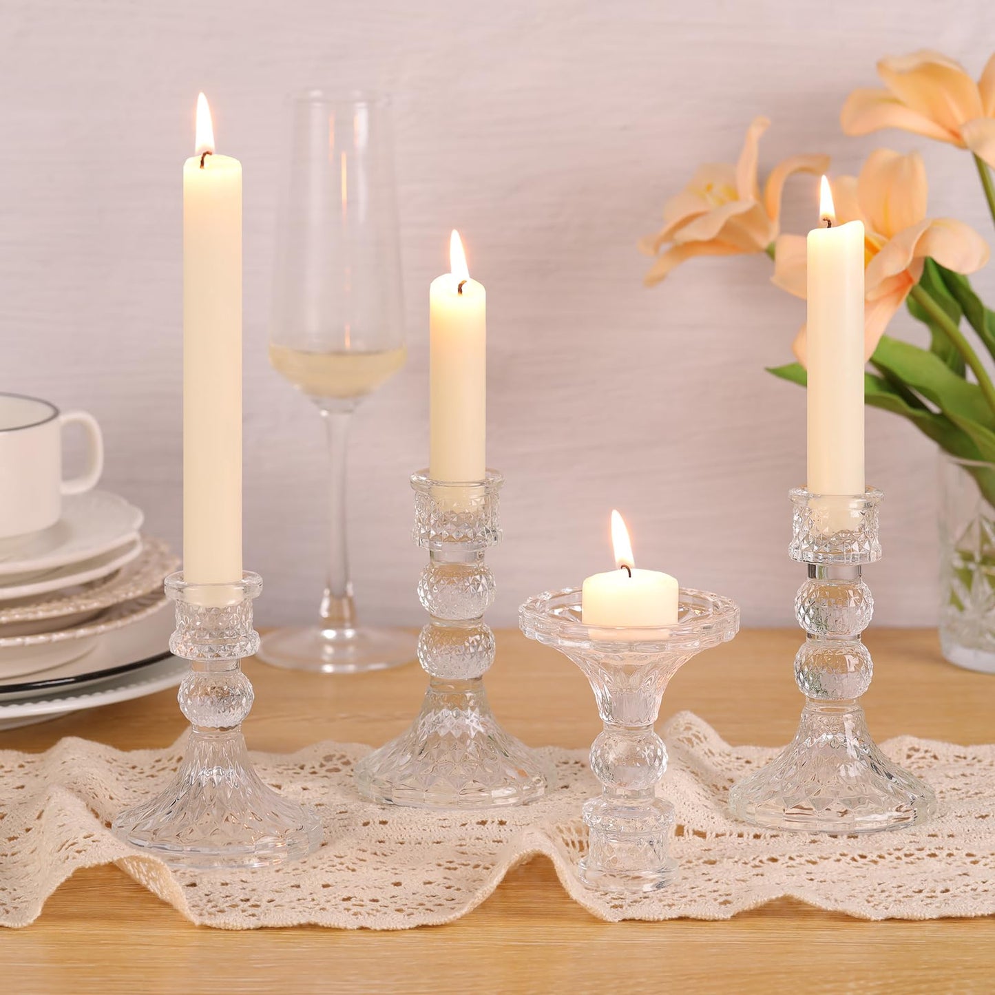 DARJEN Clear Glass Candlestick Holders Set of 6, 4" H & 5" H Taper Candle Holders for Candlesticks & Pillar Candles, Diamond Candle Holders for Wedding Party Table Centerpiece, Home Decor