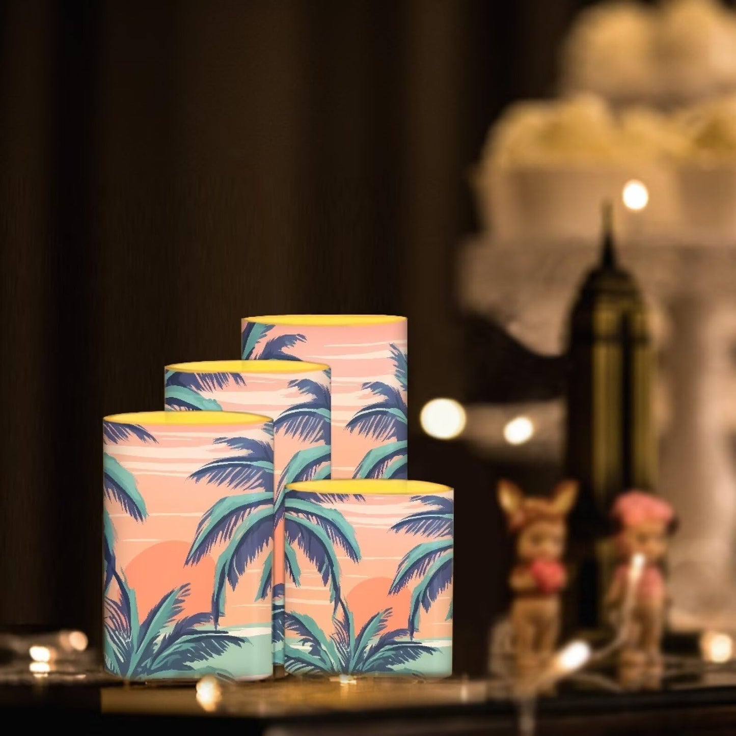 Merkmak 4Pcs Coastal Flameless Candles with Remote and Timers Tropical Coconut Tree Flickering Battery Operated Candles Waterproof Pink Flameless LED Pillar Lights for Hotel, Restaurant