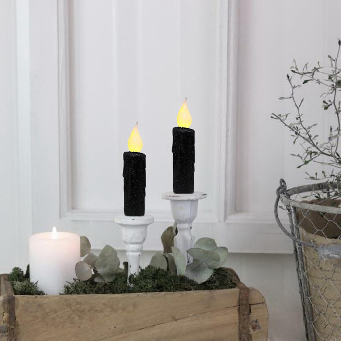 CVHOMEDECO. Glitter Flameless Candles Flickering Battery Operated LED Taper Candles with Timer for Home, Wedding, Halloween, Christmas Decor. Black, 4-3/4 Inch, Set of 2