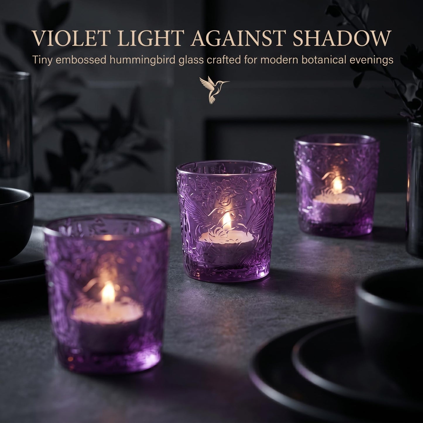 12 Pack Hummingbird Embossed Glass Candle Holders – Votive Tealight Holders with Patent Design, Decorative Embossed Glass Cups for Wedding Centerpieces, Parties, and Home Décor (Amethyst Bloom)