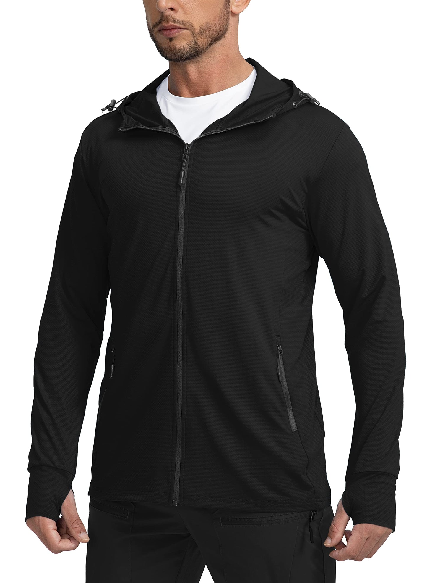 Men's UPF 50+ Light Jacket Full Zip Sun Protection Hoodie Long Sleeve Sun Shirts for Men Hiking Fishing Zip Pockets(Black_3XL)