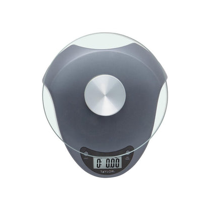 Taylor Digital Kitchen Scale with Glass Platform, Tare Button, and Plastic Body Weighs up to 11 Pounds Capacity, Silver
