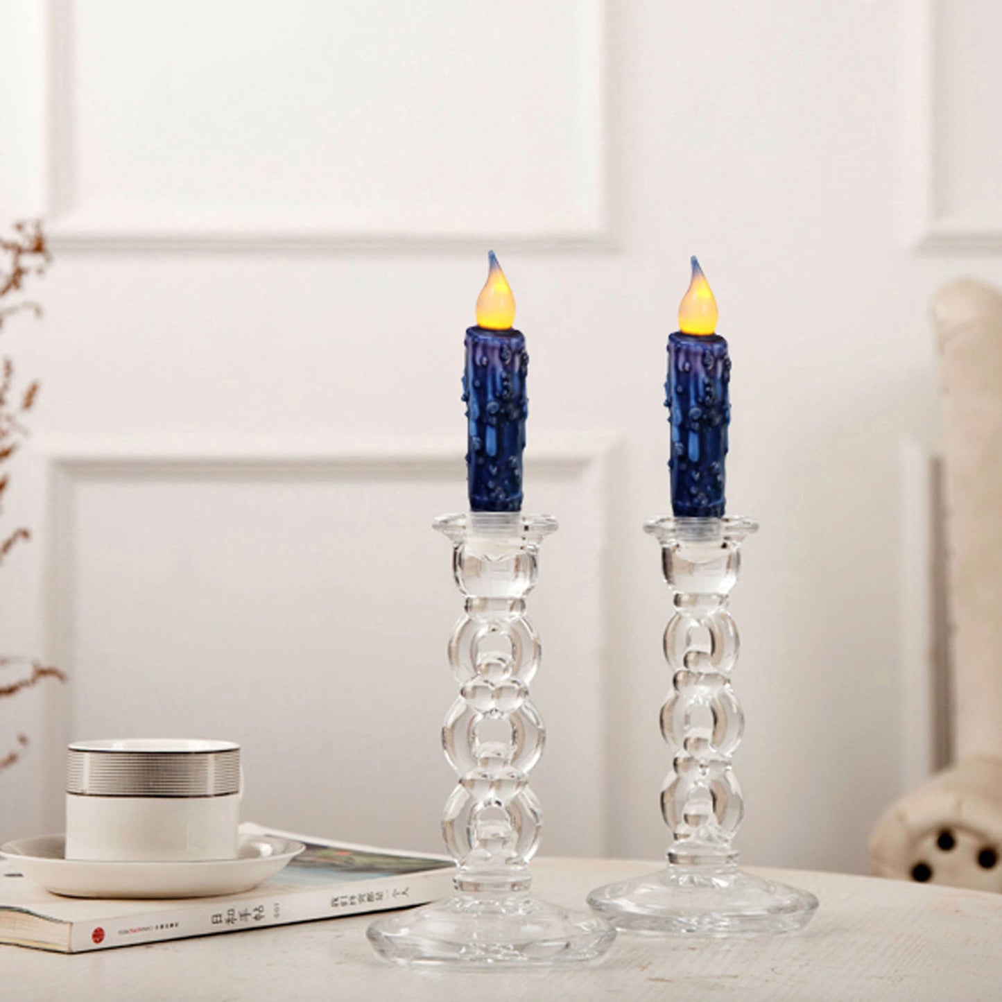 CVHOMEDECO. Real Wax Hand Dipped Battery Operated LED Timer Taper Candles Rustic Primitive Flameless Lights Decor, 4-3/4 Inch, Navy Blue, 6 PCS in a Package