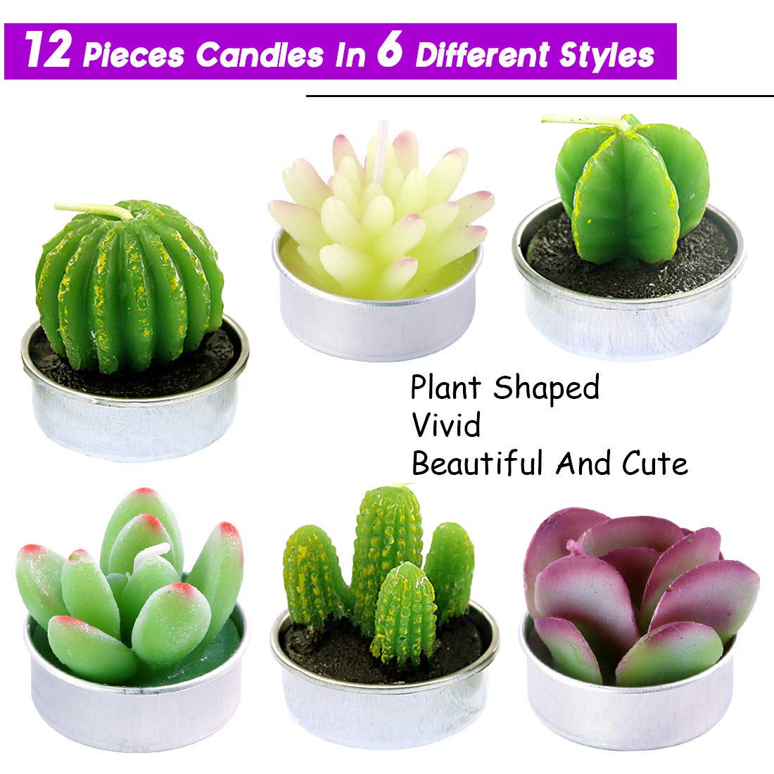 Swpeet 12Pcs Decorative Succulent Cactus Tealight Candles Kit, Cute Smokeless Succulent Plants Perfect for Candles Festival Wedding Props and House-Warming Party (N0.3-Candle)