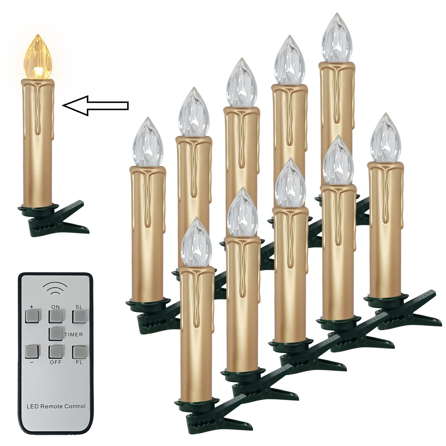 Gedengni Flameless LED Taper Candles with Clips, 4” Battery Operated Window Candles with Remote Timer Mini LED Chandelier Candlesticks for Home Decor Wedding Church Party & Tree Lighting,10 Pack,Gold