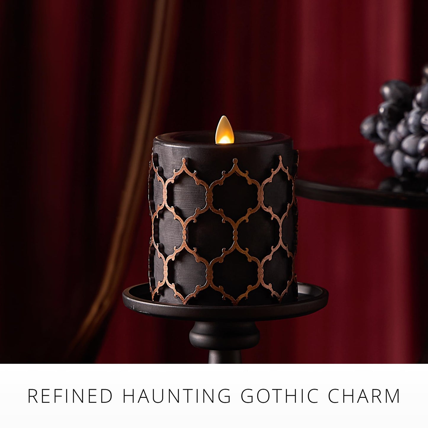 Luminara Black Embossed Fretwork 3.5" x 4.5" Pillar, AA Battery Operated w/Timer Function, Flickering Flameless LED Light Real Wax Candle for Indoor Home Decoration, for Dining Room Table Centerpiece
