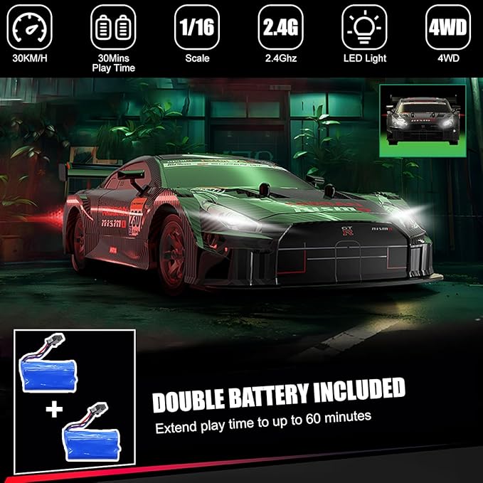 Dollox RC Drift Car 1/16 Scale Remote Control Car 2.4GHz 4WD 30+KM/H High Speed Vehicle with LED Lights Extra Drifting Tires Racing Black Vehicle Toys Birthday Gifts (191AB)