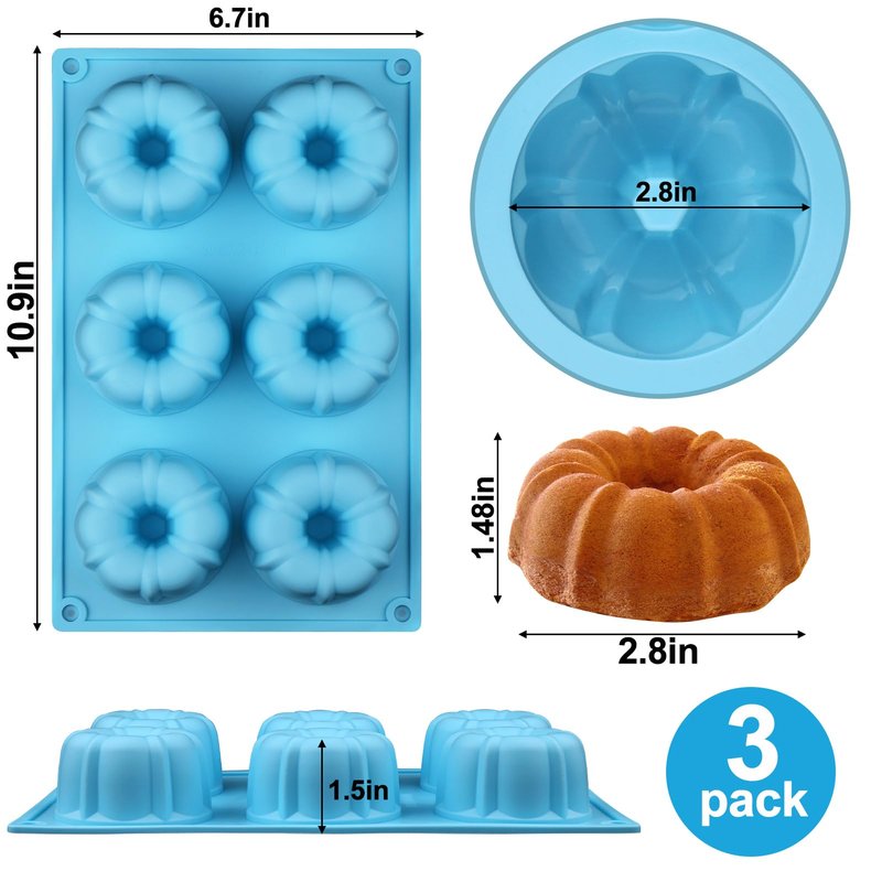 Palksky Mini Fluted Tube Pan Silicone 6-Cavity(3PCS), Multi-Cavity small Cake Baking Pan, mini moldes para chocoflan