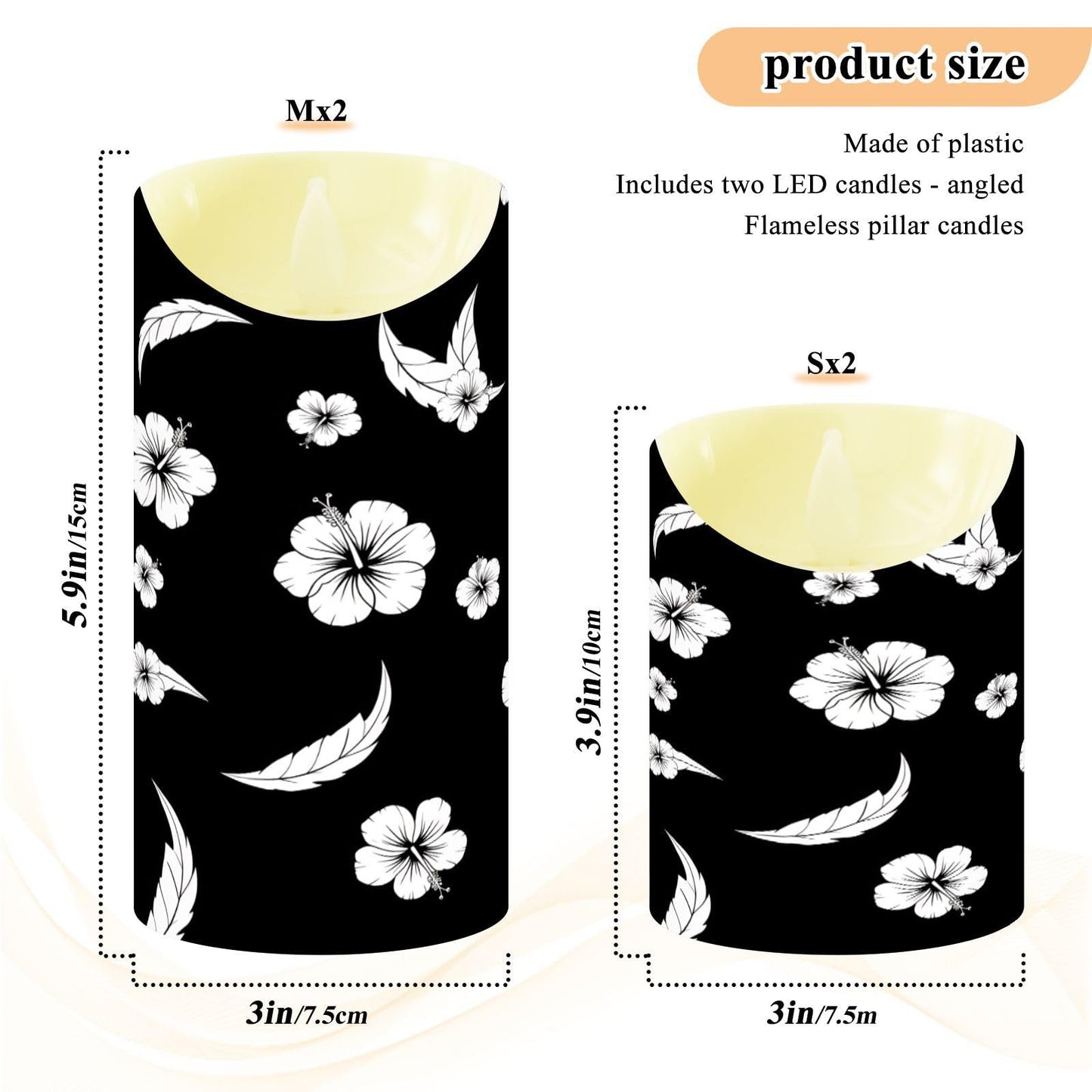 Gravopti Black White Hibiscus 2 Pack Flameless LED Pillar Candles with Remote & Timer, Battery Operated, Flickering Wax Candle for Wedding, Romantic Home & Party Decor