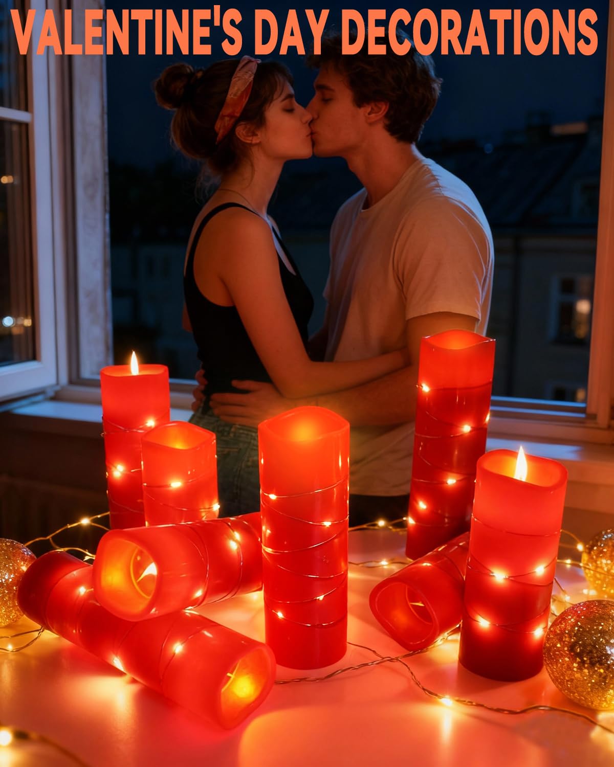 Red Flameless Pillar Candles with String Lights – 9 Pack Real Wax LED Candles, Remote Controlled with 2/4/6/8H Timer, Each Uses 2 AA Batteries (Not Included) for Christmas & Holiday Home Décor