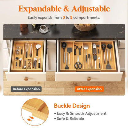Lifewit Utensil Organizer for Kitchen Drawer, Expandable Cooking Utensil Tray, Cutlery Silverware Flatware Holder, Wood Adjustable Spatula Tools Storage Divider, 15.6-28 x 18.5, Natural