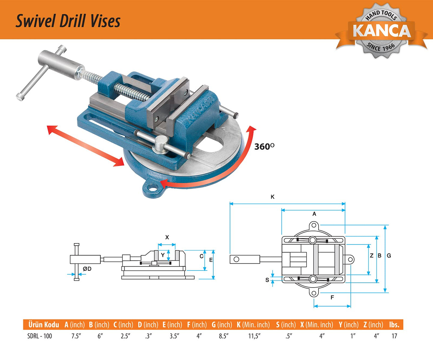 KANCA- SDRL-100, Swivel Drill Press Vise With 360° Swivel Base, 4 INCH,Preferred by Craftsman and Machinist for Drilling,Reaming Tapping Operations, Home Improvement,Woodworking, Blue Colour