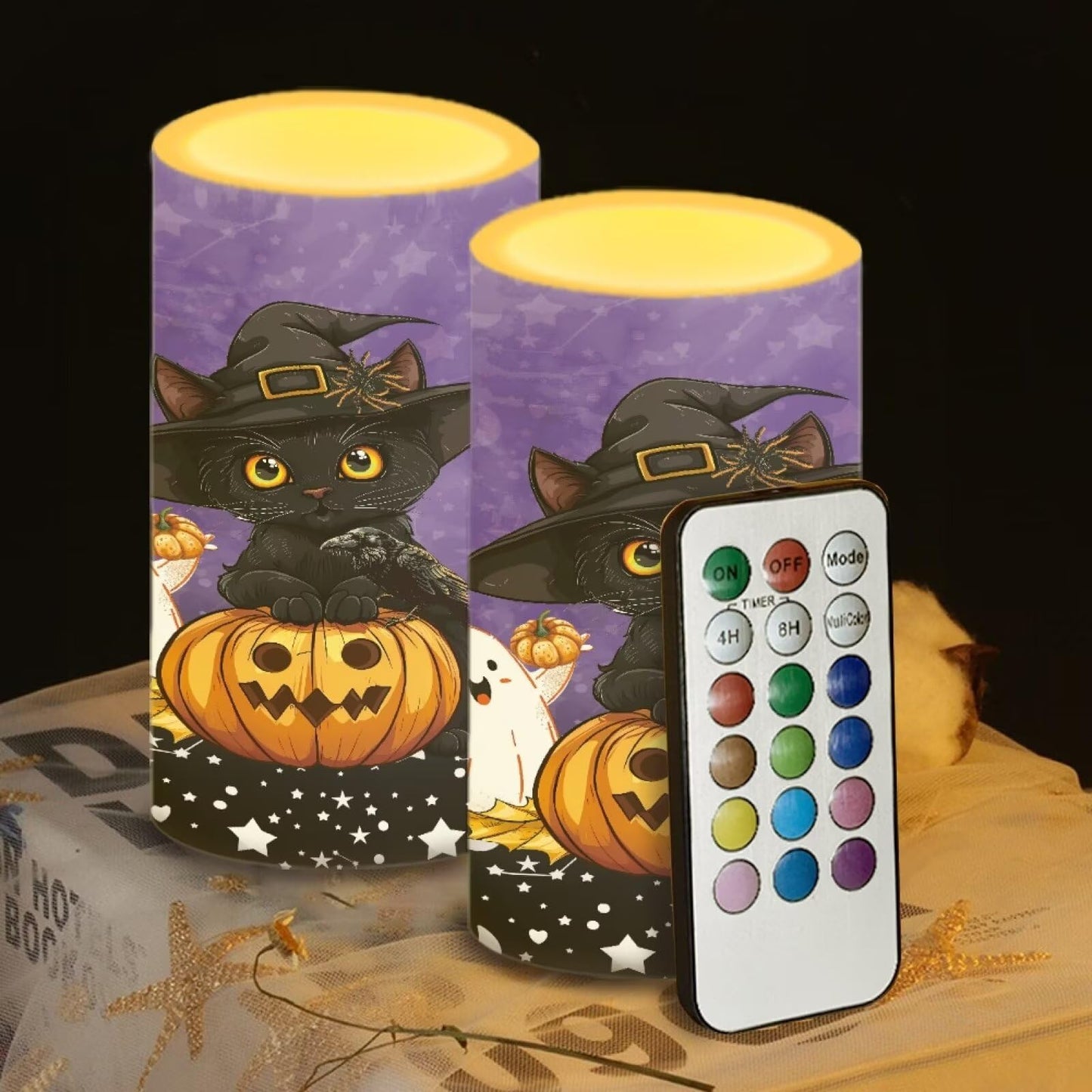 Luarisgur Halloween Flameless Candles with Remote, 2 Pack LED Battery Operated Candles for Halloween Party Multicolor Flameless Electric Pillar Candle with Black Cat Ghost