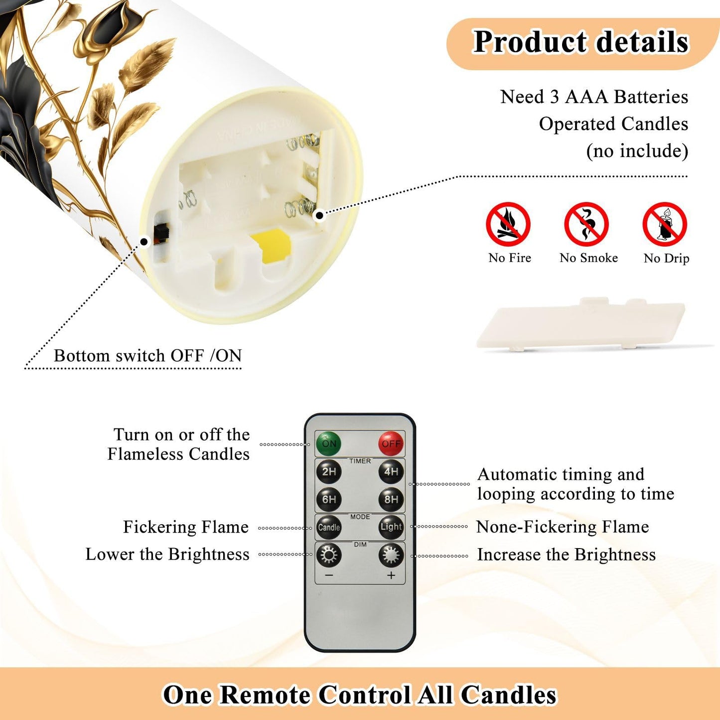 ALAZA Black Roses Gold Leaves Flickering Flameless Candles Battery Operated with Remote Timer,Tea Light Candles LED Pillar Votive Set of 2 for Outdoor Indoor Decorations 3" x5.9"