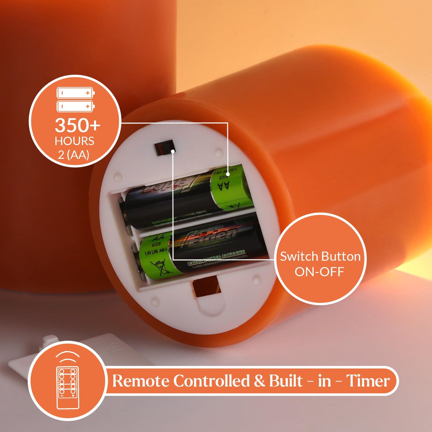 Eywamage Orange Flameless Pillar Candles with Remote, Flickering Real Wax LED Battery Candles Home Table Decor Set of 3