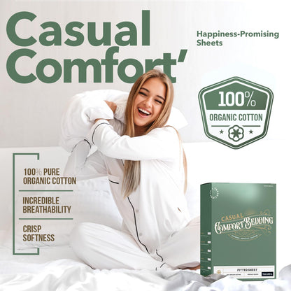 TEXAS LINEN CO. 100% Organic Cotton Percale Weave Fitted Sheet Twin XL Size, White, 1 Deep Pocket Twin XL Fitted Sheet, Fits Mattress Upto 16" Crisp and Cool Bed Linen, Luxury GOTS Certified Sheets