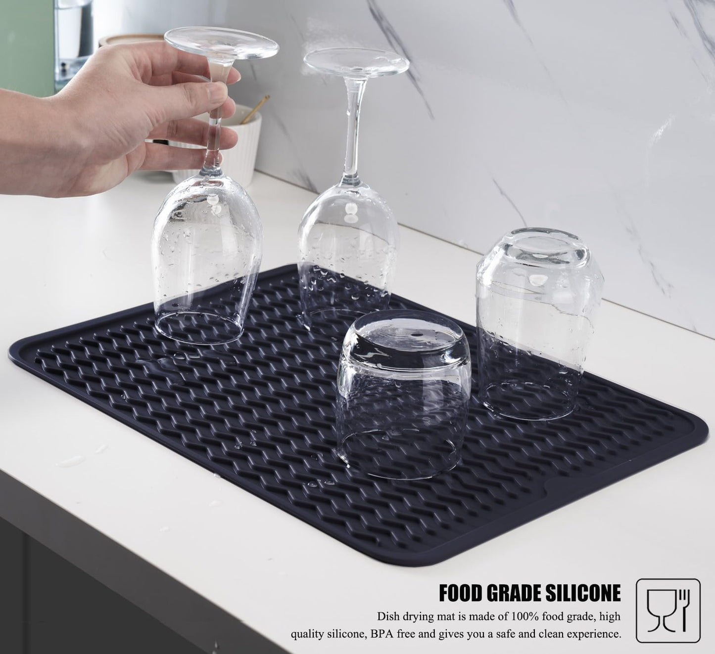 Silicone Dish Drying Mat for Multiple Usage, Easy clean, Eco-friendly, Heat-resistant Dish Drainer Mat for Kitchen Counter,Sink,Refrigerator or Drawer liner (16" x 12", Dark Blue)