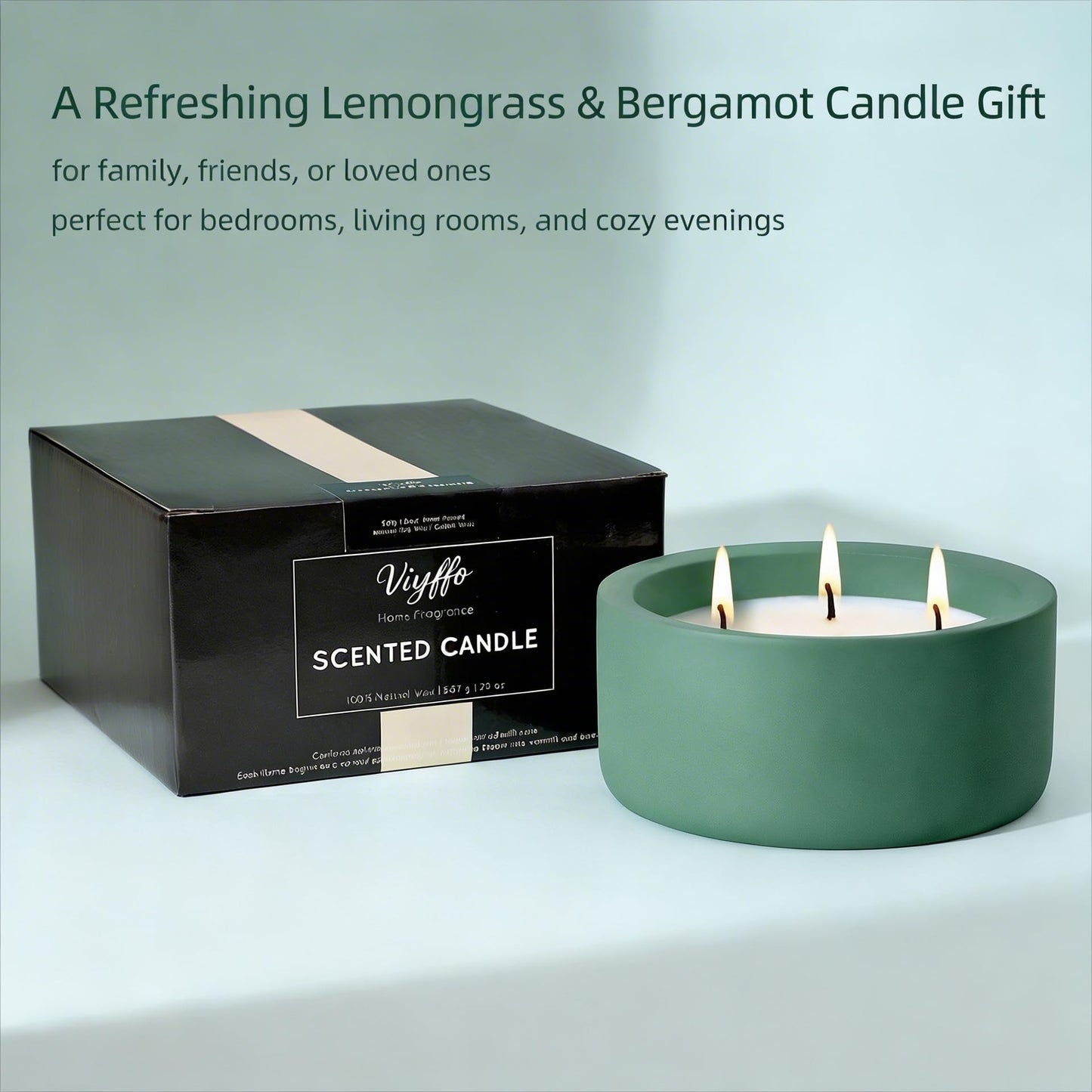 Viyffo 20oz Large Scented Candle - Lemongrass & Bergamot, 3 Wick Home Scented Candle for Women and Men, Non Toxic Soy Candle, Green Ceramic Jar, Luxury Home Fragrance, Spring Décor & Birthday Gift