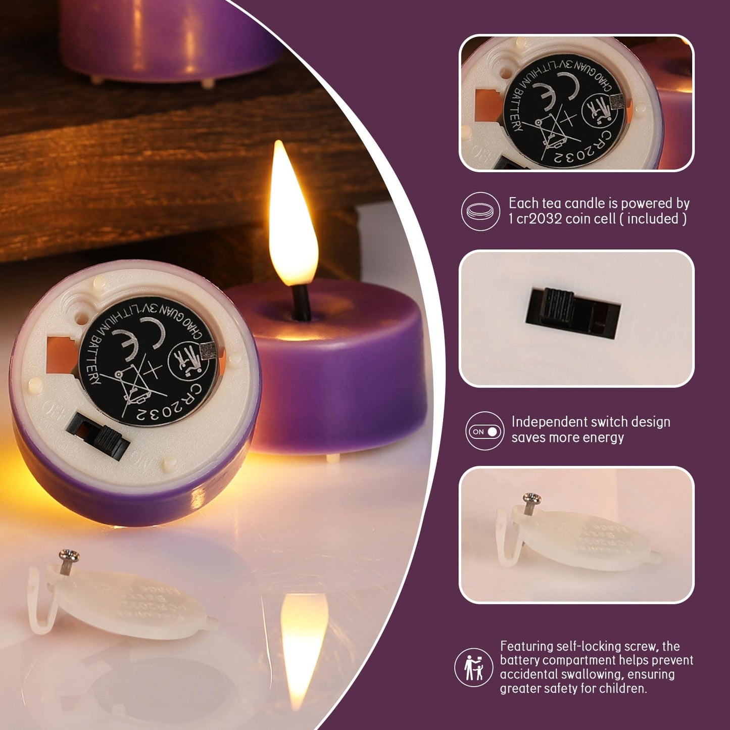 Eywamage Purple Flameless Wax Tealights with Remote Batteries, Flickering LED Tea Votive Candles Set of 10