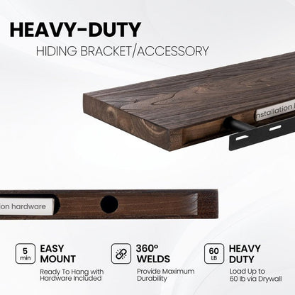 Floating Shelves for Wall, 48"x9.3" Rustic Solid Live-Edge Elm Wood Wall Shelves, Heavy-Duty Floating Shelves with Invisible Brackets, Set of 2 for Living Room, Bedroom, and Kitchen, Walnut Finish